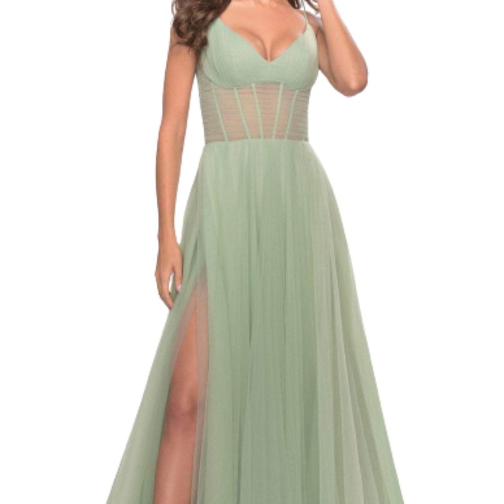 La Femme Pastel Green Evening Gown